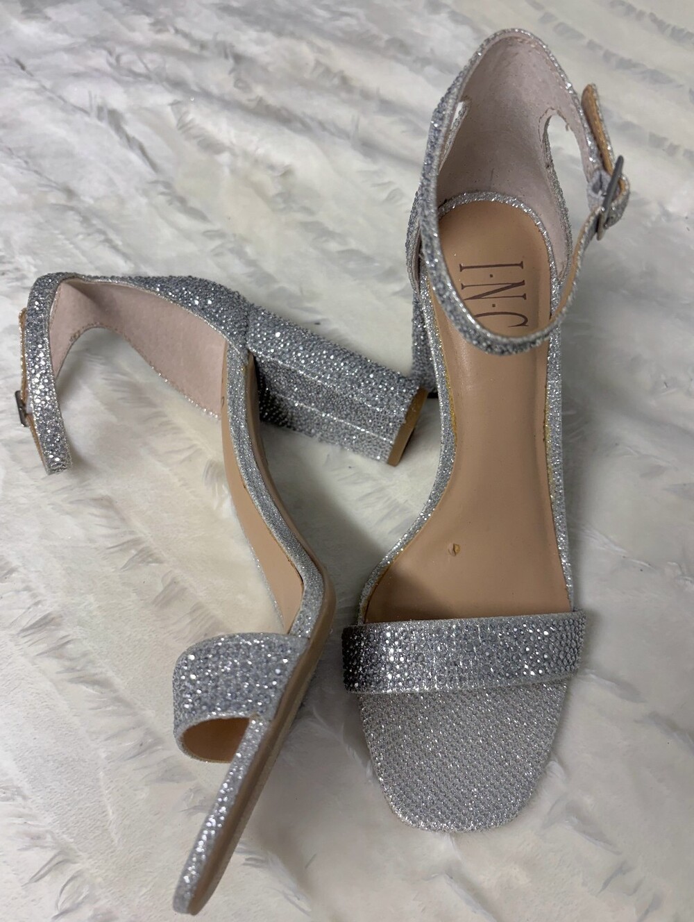 INC International Concepts Silver Glitter Block Heel Sandals with Ankle Strap